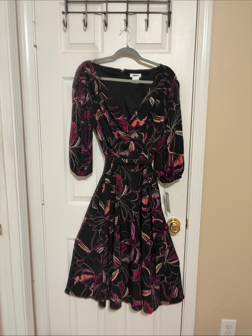 DKNY Black Wrap Midi Dress with Pink & Purple Floral Print